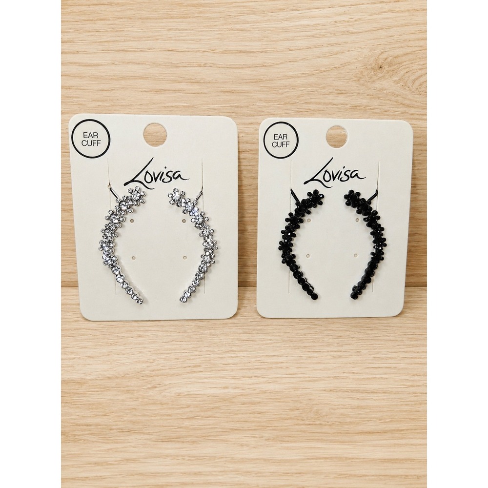 Lovisa Ear Cuff Set of‎ 2 Silver & Black Rhinestone Floral Ear Cuffs New on Card